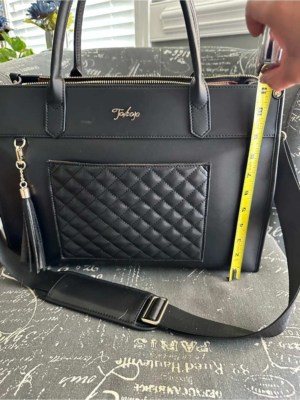 Black Quilted Laptop Bag with Tassel